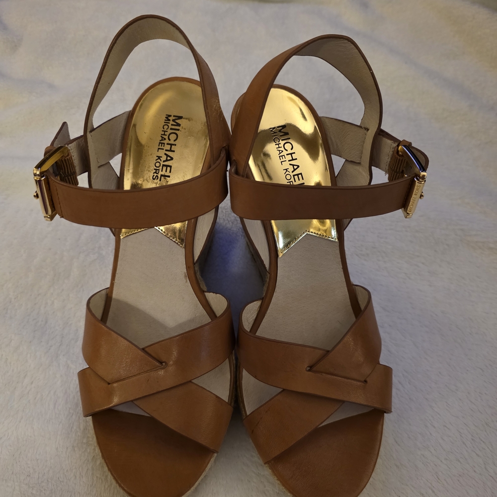 Michael Kors Tan Wedge Sandals with Crisscross Straps - Picture 2 of 6